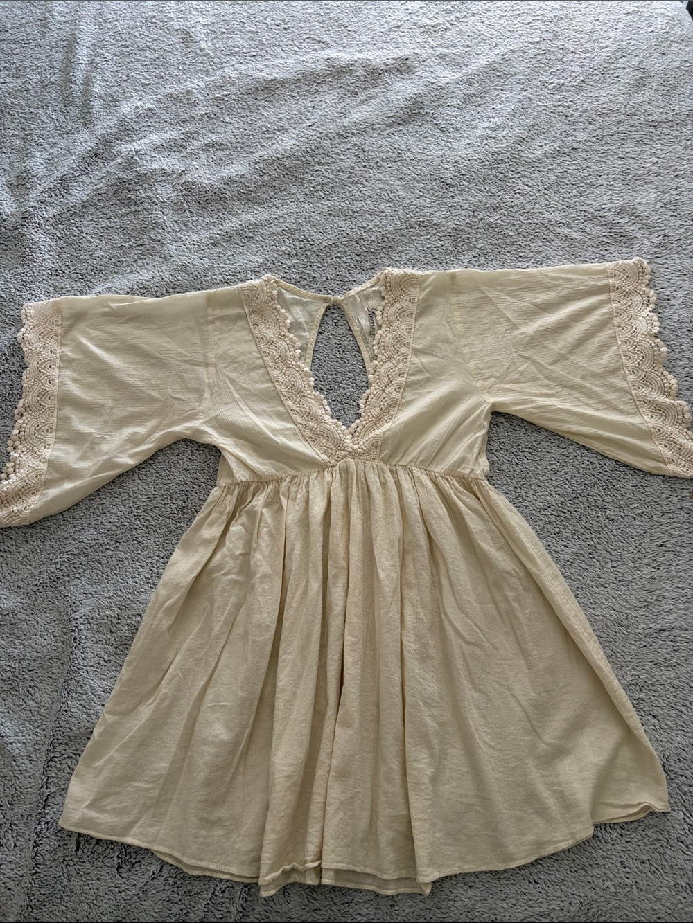 Women's Free People “For The Record” Cream Lace-Trim Babydoll Mini Dress